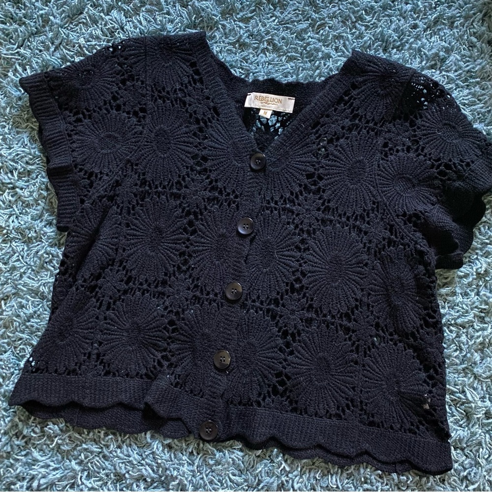 Kids Black Crochet Button-Up Sweater